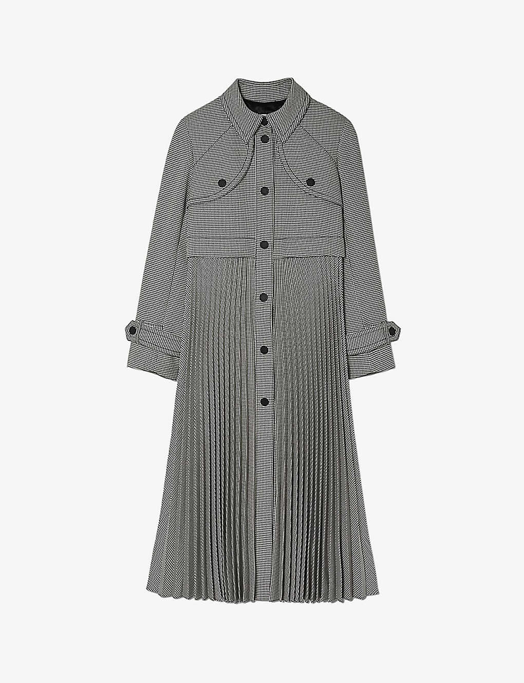 Shop Sandro Womens Noir / Gris Houndstooth-pattern Collared Woven Trench Coat In Grey