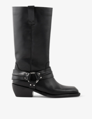 Shop Sandro Noir / Gris Sixten Buckle-embellished Leather Knee-high Boots