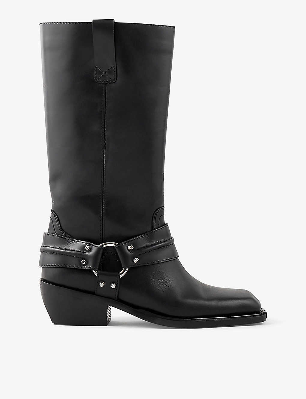 Shop Sandro Women's Noir / Gris Sixten Buckle-embellished Leather Knee-high Boots