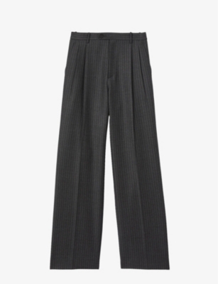 Shop Sandro Women's Noir / Gris Kelina Stripe Straight-leg Wool Trousers In Black
