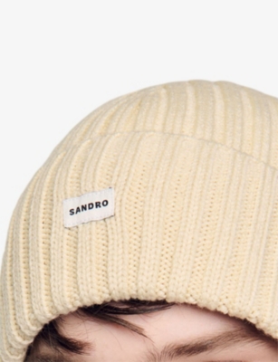 SANDRO: Logo-patch ribbed knitted beanie hat