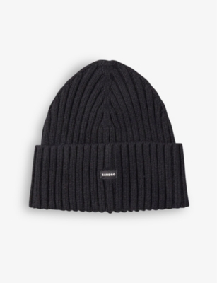 SANDRO: Logo-patch ribbed knitted beanie hat