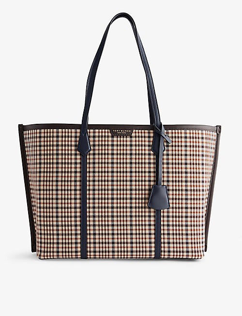 TORY BURCH: Perry plaid-pattern woven tote bag