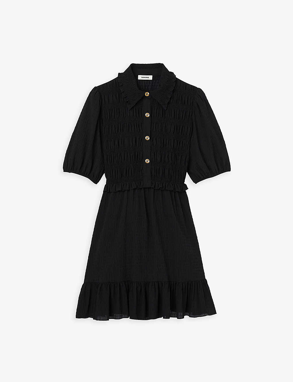 Sandro Womens Black Smocked Button-fastened Woven Mini Dress