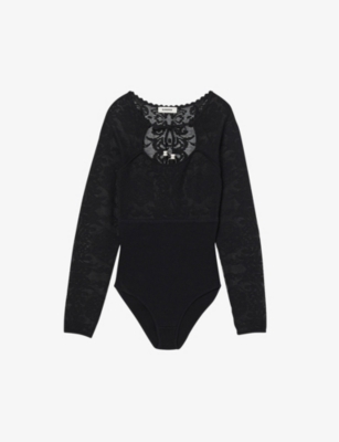 SANDRO SANDRO WOMEN'S NOIR / GRIS LACY OPENWORK KNITTED-LACE BODYSUIT