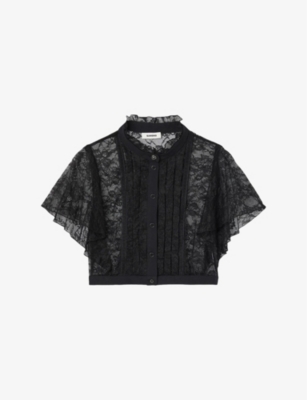 Sandro Womens Black High-neck Lace-embroidered Cropped Woven Shirt In Noir / Gris