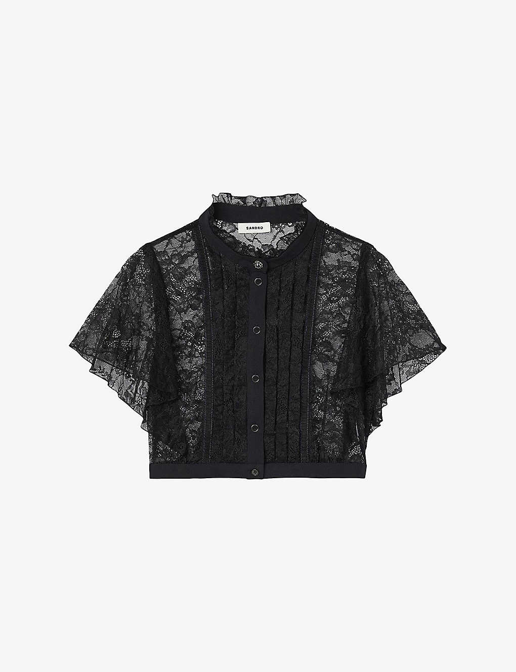 Sandro Womens Black High-neck Lace-embroidered Cropped Woven Shirt In Noir / Gris
