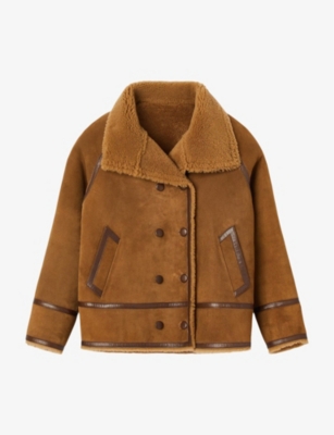 Sandro Oversized Shearling Coat In Naturels