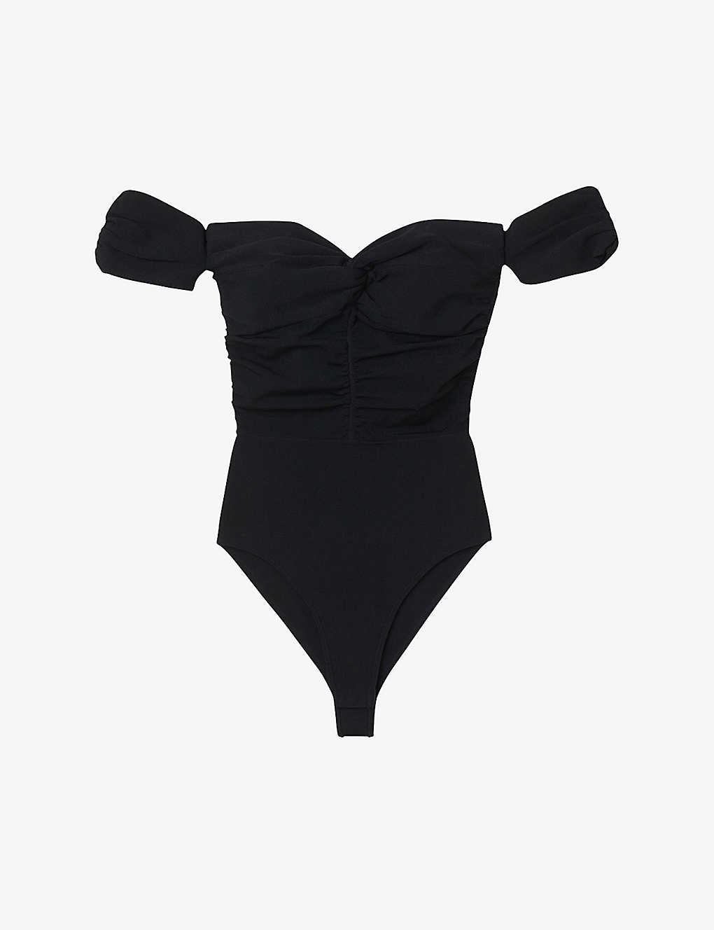 Shop Sandro Womens Noir / Gris Sagittaire Off-the-shoulder Stretch-woven Bodysuit