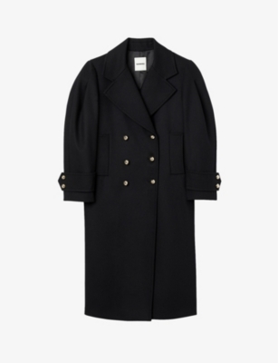 SANDRO SANDRO WOMEN'S NOIR / GRIS NOTCHED-LAPEL DOUBLE-BREASTED WOOL-BLEND COAT