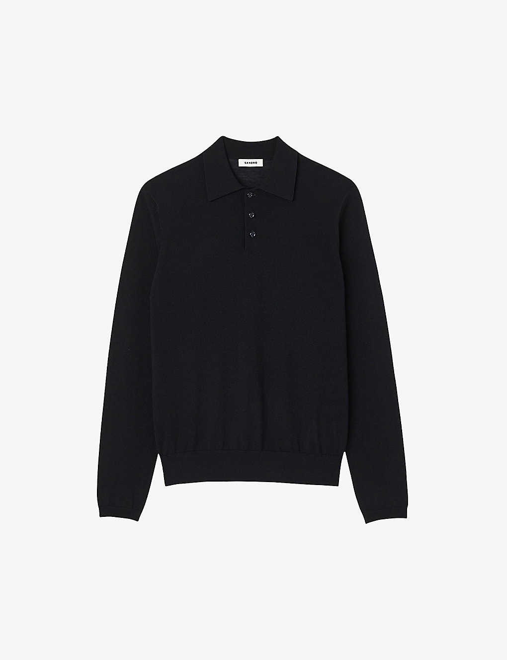 Sandro Mens Black Regular-fit Long-sleeve Wool Polo