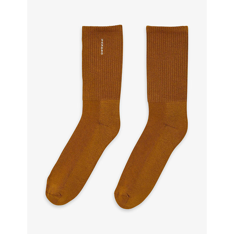 Sandro Mens Bruns Logo-embroidered Ribbed Stretch-cotton Ankle Socks