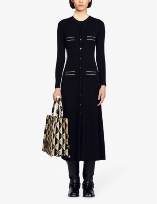 Shop Sandro Women's Noir / Gris Odaya Round-neck Long-sleeve Knitted Midi Dress In Black