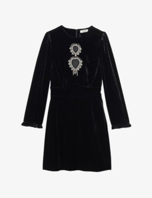 SANDRO Crystal embellished cut out velvet mini dress