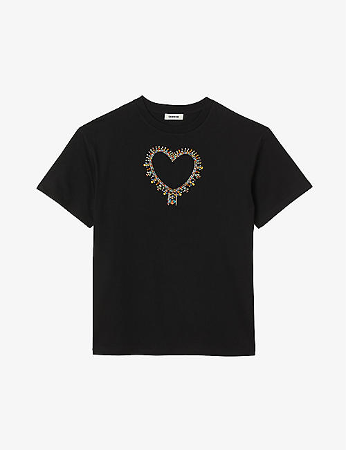 SANDRO: Murphy rhinestone-embellished heart cotton T-shirt