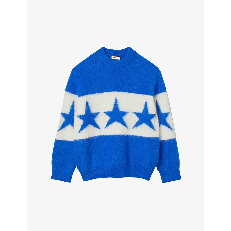 Sandro Womens Bleus Contrasting-stripe Star-motif Stretch-knit Jumper