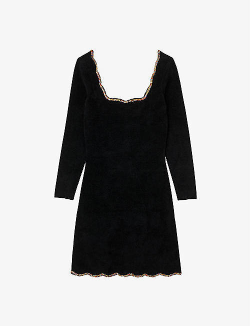 SANDRO: Rhinestone-embellished scalloped-trim stretch-knit mini dress