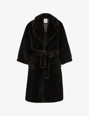 SANDRO SANDRO WOMEN'S NOIR / GRIS OVERSIZED NOTCH-LAPEL FAUX-FUR COAT