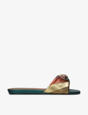 KURT GEIGER WOMENS KENSINGTON METALLIC STRIPE-PATTERN COW-LEATHER FLAT SANDALS OTH