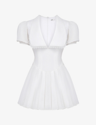 House Of Cb Womens White Piera Oversize-collar Puff-sleeve Stretch-cotton Mini Dress