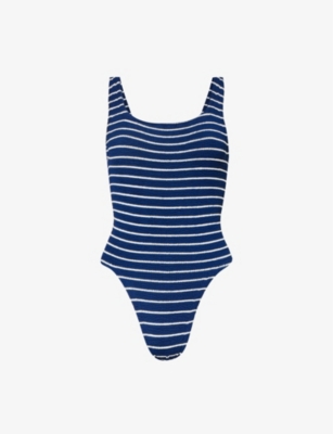 Shop Hunza G Square-neck Striped Swimsuit In Navy/white