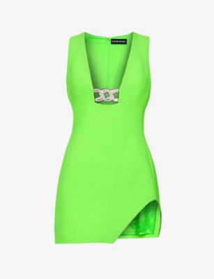 David Koma Plunge-neck Sequin-embellished Woven Mini Dress In Neon Green/silver
