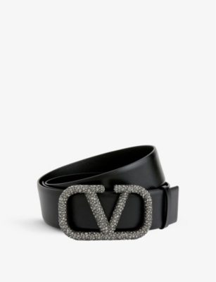 Valentino Crystal-Embellished V-Logo Leather Belt