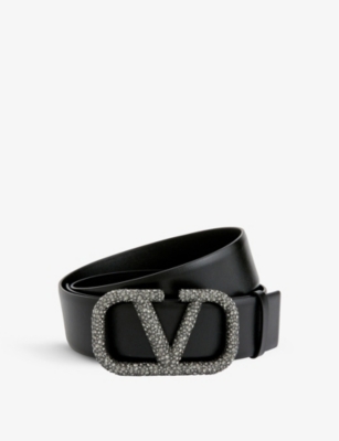 Crystal V-Logo Leather Belt