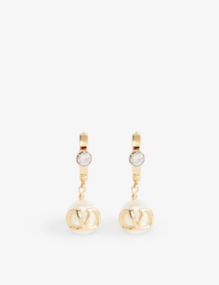 Shop Valentino Vlogo Brass And Faux-pearl Drop Earrings In Oro/cream/crystal Silver