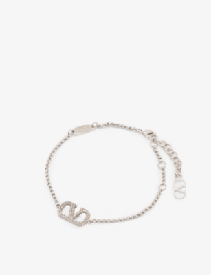 VALENTINO GARAVANI: VLOGO logo-plaque crystal-embellished brass bracelet