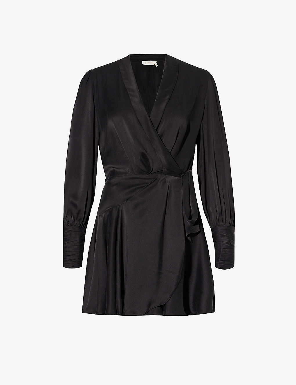 Zimmermann Womens Black Plunge-neck Wrap-over Silk Midi Dress