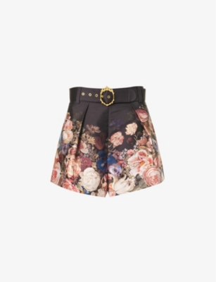 Zimmermann Illustration Belted Pleated Printed Silk And Cotton-blend Twill Shorts In Morisot Black Print