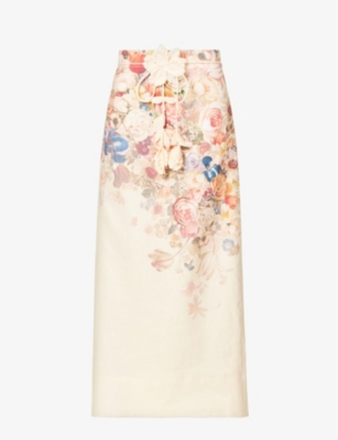 Zimmermann Floral-print Linen Midi Skirt In Morisot Cream Print
