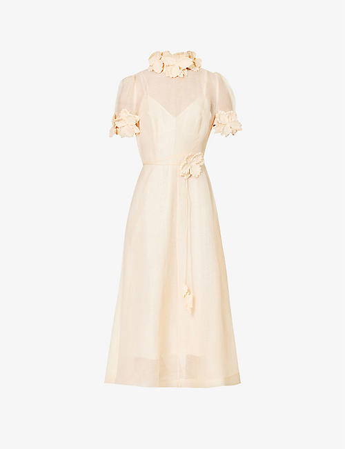 ZIMMERMANN: Luminosity floral-embellished linen and silk-blend midi dress