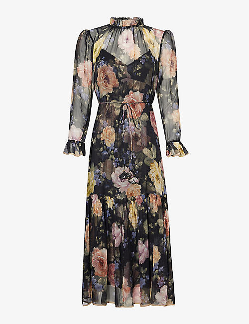 ZIMMERMANN: Floral-print tiered-hem silk midi dress