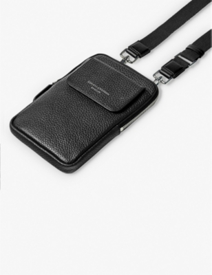 Shop Aspinal Of London Men's Black Logo-print Grained-leather Crossbody Phone Case