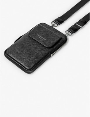 Aspinal Of London Mens Black Logo-print Grained-leather Crossbody Phone Case In Black