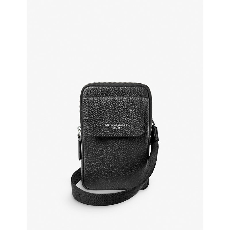 Aspinal Of London Mens Black Logo-print Grained-leather Crossbody Phone Case