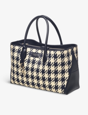 Shop Aspinal Of London Women's Navy London Houndstooth Interwoven Leather Tote Bag