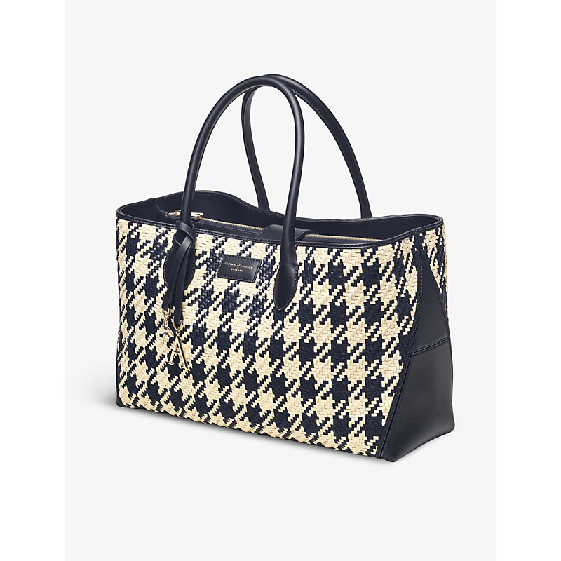 Shop Aspinal Of London Women's Navy London Houndstooth Interwoven Leather Tote Bag