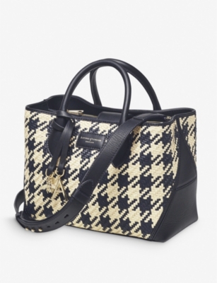 Shop Aspinal Of London Women's Navy London Houndstooth Interwoven Leather Tote Bag