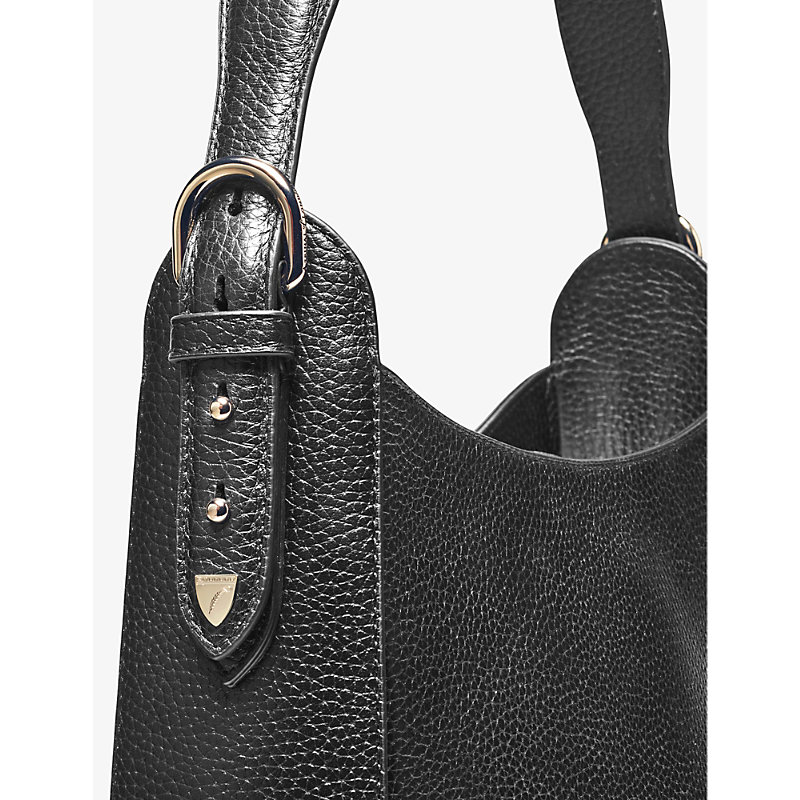 Shop Aspinal Of London Women's Black Hobo Logo-print Grained-leather Shoulder Bag