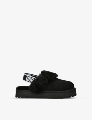 Shop Ugg Girls Black Kids Funkette Logo-print Suede And Shearling Platform Slippers 6-10 Years