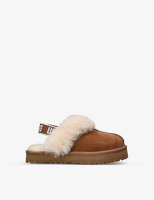 UGG: Funkette logo-print suede and shearling platform slippers 6-10 years