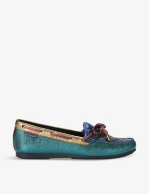 KURT GEIGER LONDON: Eagle bow-embellished metallic-leather moccasins