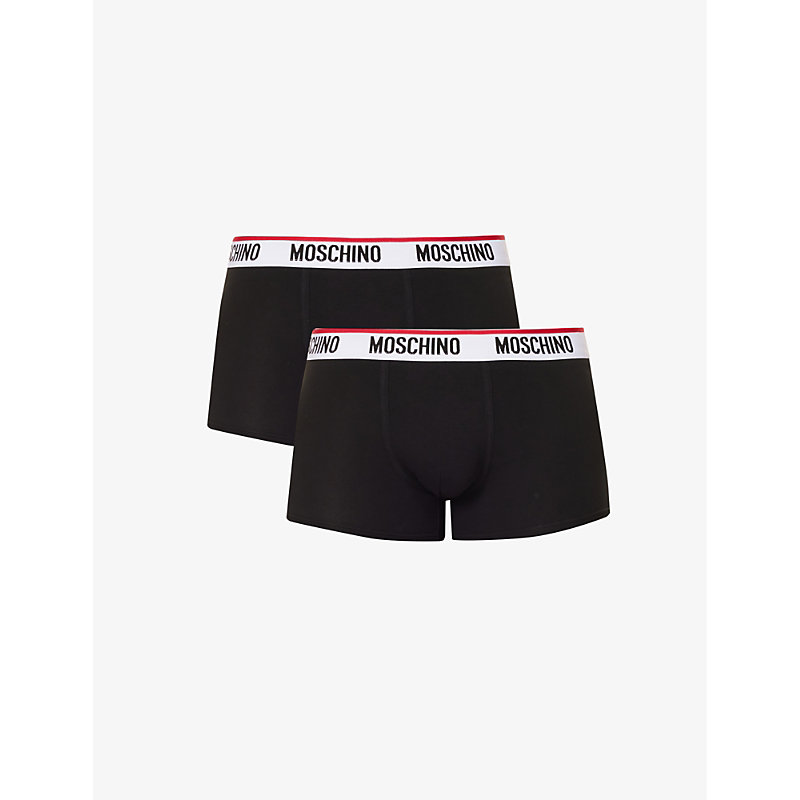 MOSCHINO MOSCHINO MEN'S BLACK 555 BRANDED-WAISTBAND PACK OF TWO STRETCH-COTTON TRUNKS,69364953