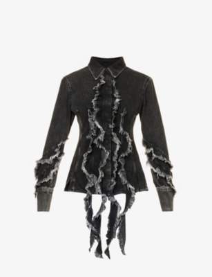 BLUMARINE: Frayed ruffle-embellished regular-fit denim shirt