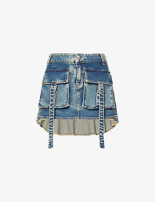 BLUMARINE: Cargo faded-wash mid-rise stretch-denim mini skirt