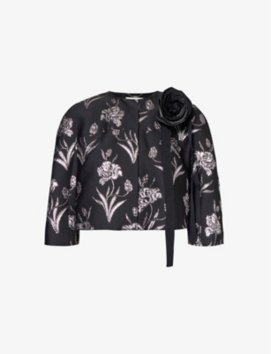 Shop Erdem Women's Black Silver Floral-pattern Cropped Woven Jacket