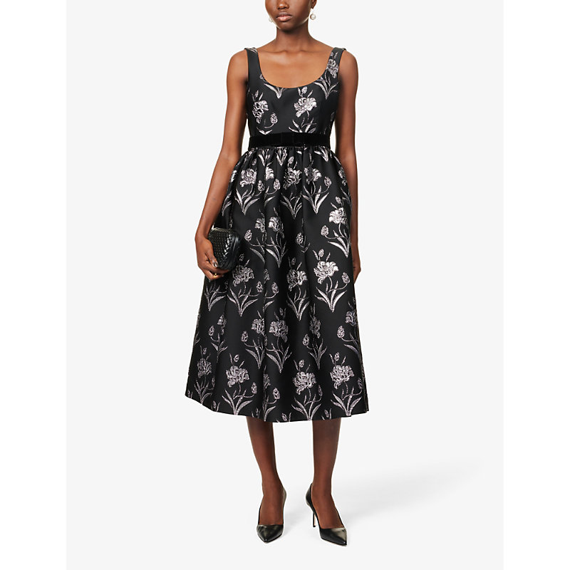 Shop Erdem Women's Black Silver Floral-pattern Scoop-neck Midi Dress